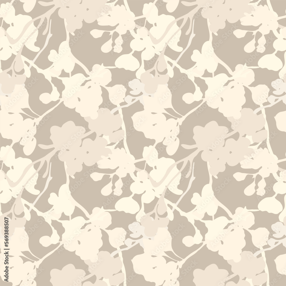 Apple blossom floral silhouette seamless pattern in beige color shades