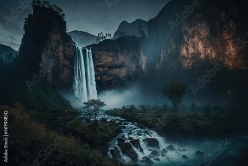 A waterfall flowing down a cliff into a rocky river  generative ai composite