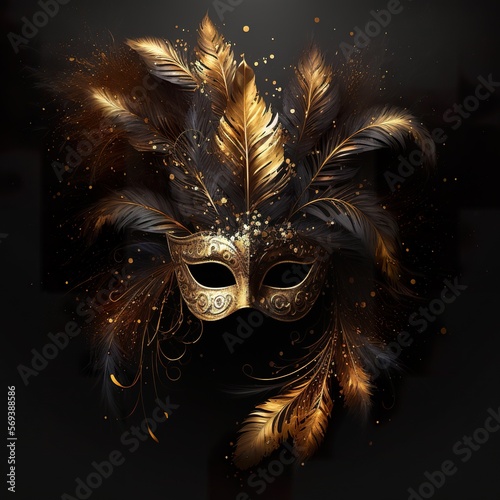 Luxury carnival mask, very realistic with gold feathers and light effects, with black background, Generative Ai
