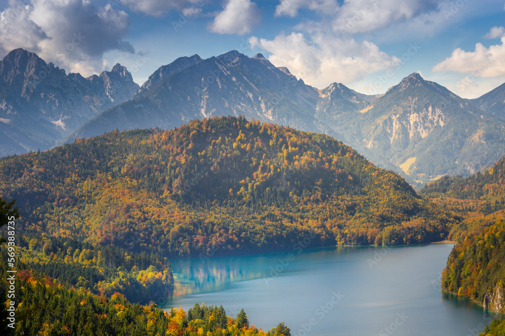 Alpsee Lake in Bavarian alps at golden autumn, Bavaria, Germany