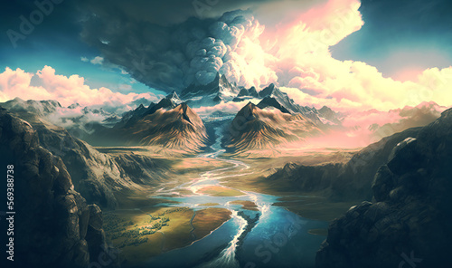 A mesmerizing landscape featuring a dynamic progression of the earth and sky, showcasing the fluidity of nature's beauty