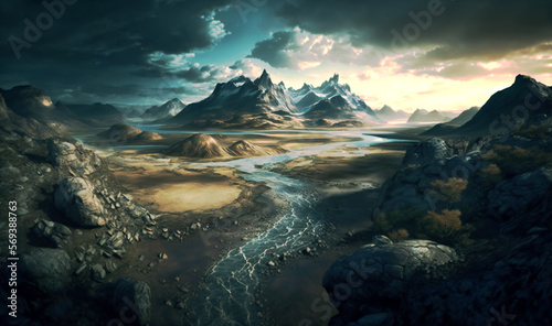 A mesmerizing landscape featuring a dynamic progression of the earth and sky, showcasing the fluidity of nature's beauty