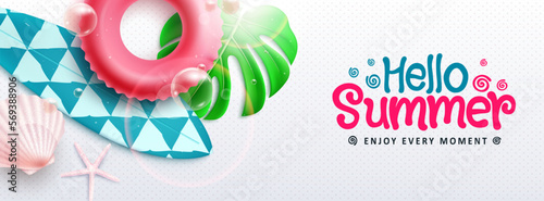 Hello summer vector design. Hello summer enjoy every moment text with floater and surfboard elements. Vector illustration summer background.
