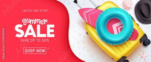 Summer sale banner design. Summer sale save up to 50% off promo for flyer and brochure. Vector illustration summer holiday ads.
