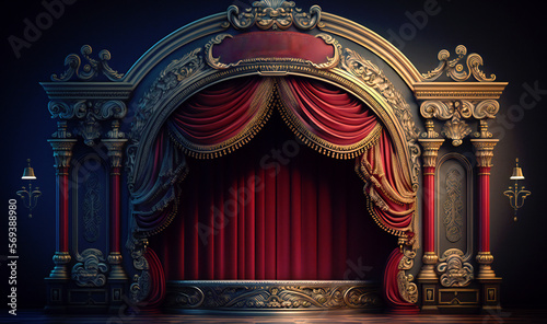 A magical theater stage, draped in regal red curtains, and illuminated by a brilliant spotlight, setting the scene for a captivating performance