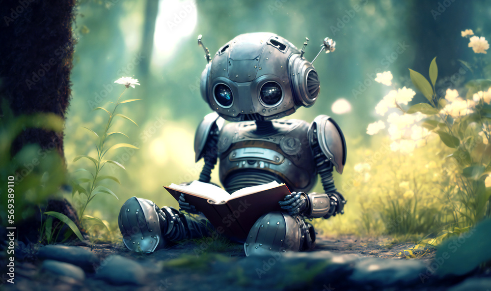 cute robot reading books in spring forest cute robot reading books in spring forest