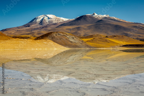 Salt lake  volcanic landscape at sunrise  Atacama  Chile border with Bolivia