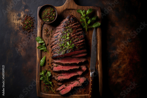 Overhead picture of traditional barbecued sliced dry aged wagyu flank steak served with herbs and chili powder on a contemporary hardwood board with copy space remaining. Generative AI photo