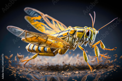 A tight shot of a grasshopper jumping, Locusta migratoria, closeup - Generative AI