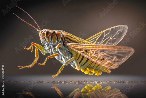 A tight shot of a grasshopper jumping, Locusta migratoria, closeup - Generative AI