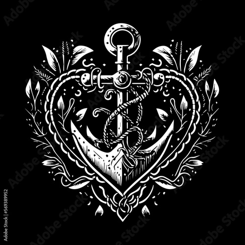 Ornate Vector Heart and Anchor Tattoo Design, White Design Isolated on Black Background