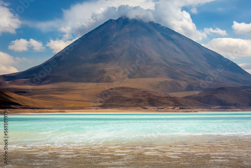 Salt lake and Licancabur, landscape a Sunset, Atacama, Chile border with Bolivia