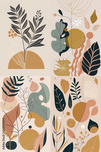 Set of 4 minimal bohemian floral images, flat vector style illustrations made with Generative AI
 photo