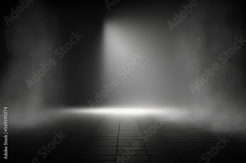 an empty dark room with smoke and haze  spots lighting the scene  reflections on the floor  Generative AI