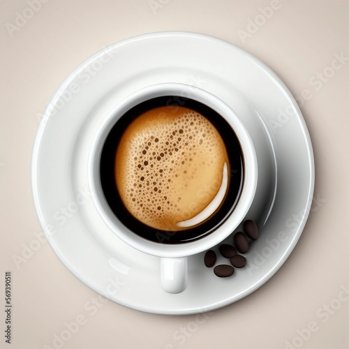white cup and saucer with freshly brewed strong black espresso coffee with crema