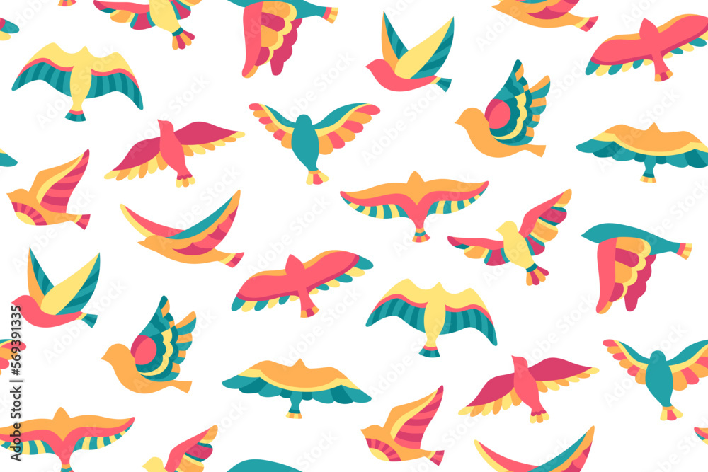 Flock of birds flying in sky seamless pattern. Flying bird dove abstract graphic ornament colorful cartoon texture. Flat colored modern trendy fowl sparrow, dove pigeon boundless wallpaper decoration Flock of birds flying in sky seamless pattern. Flying bird dove abstract graphic ornament colorful cartoon texture. Flat colored modern trendy fowl sparrow, dove pigeon boundless wallpaper decoration