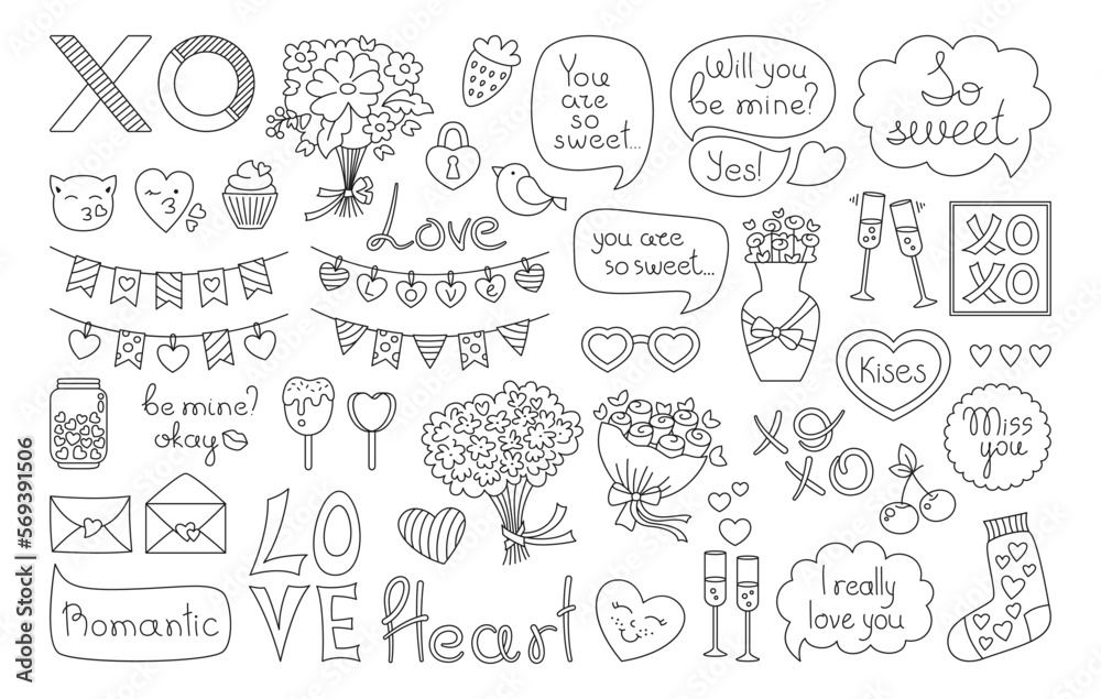 Valentines day love cute linear doodle design elements set. Romantic objects for invitation postcard, celebration greeting template. Valentine label print, sticker, speech bubble outline collection