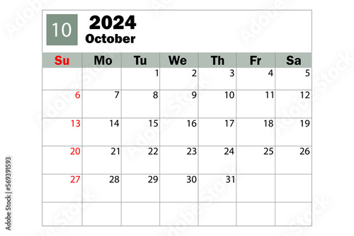 October 2024 calendar. Diary calendar. Daily planner. Vector illustration.