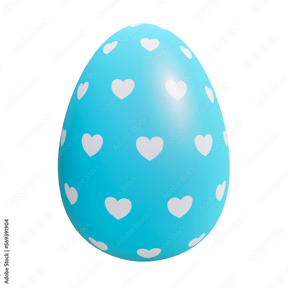 Painted easter egg of blue color with white hearts ornament isolated on white background colorful 3d render illustration. Clip art design element. Pastel colors. Easter egg hunt template.