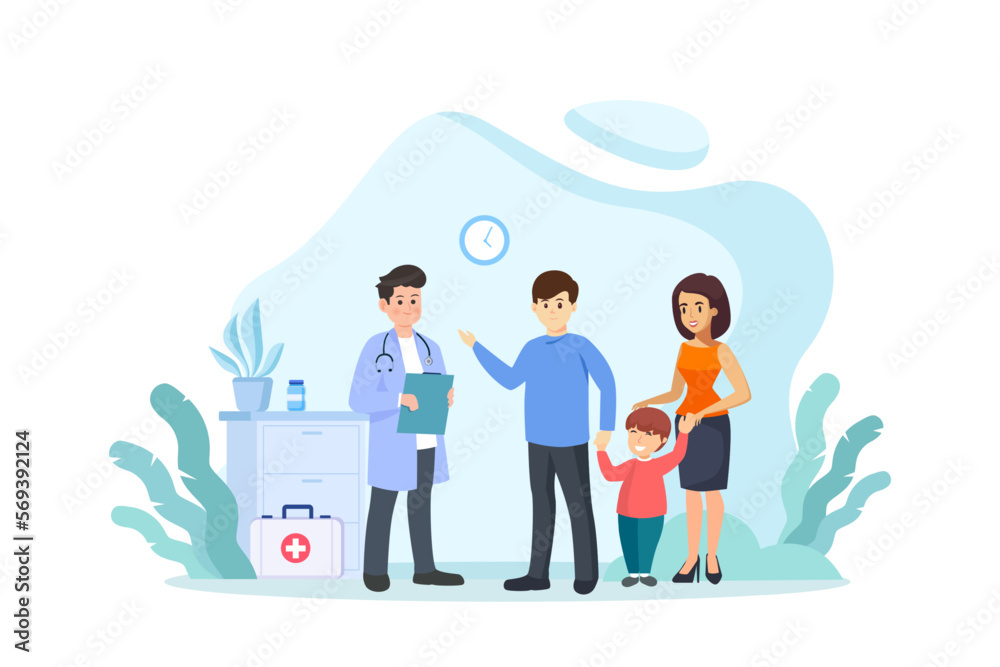 Health care and life insurance concept. Doctor and family people medical exam. Vector illustration