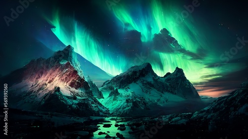 Grand aurora borealis over mountains © Emojibb.Family