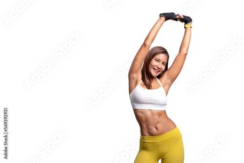 Shot of smiling young sporty Asian woman fitness model in white-top sportswear doing arms stretching. isolated on white background. Fitness and healthy lifestyle concept.