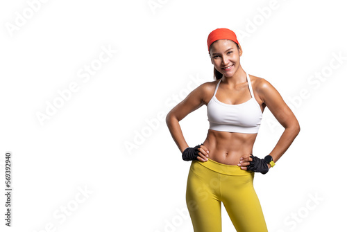 Shot of smiling young sporty Asian woman fitness model in white-top sportswear and red headband stand akimbo. isolated on white background. Fitness and healthy lifestyle concept.