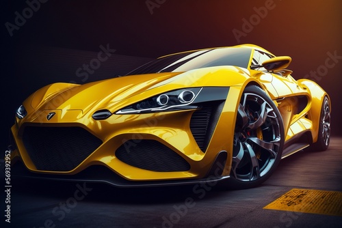 Cool yellow generic sports car in a dark studio background illustrated with generative AI