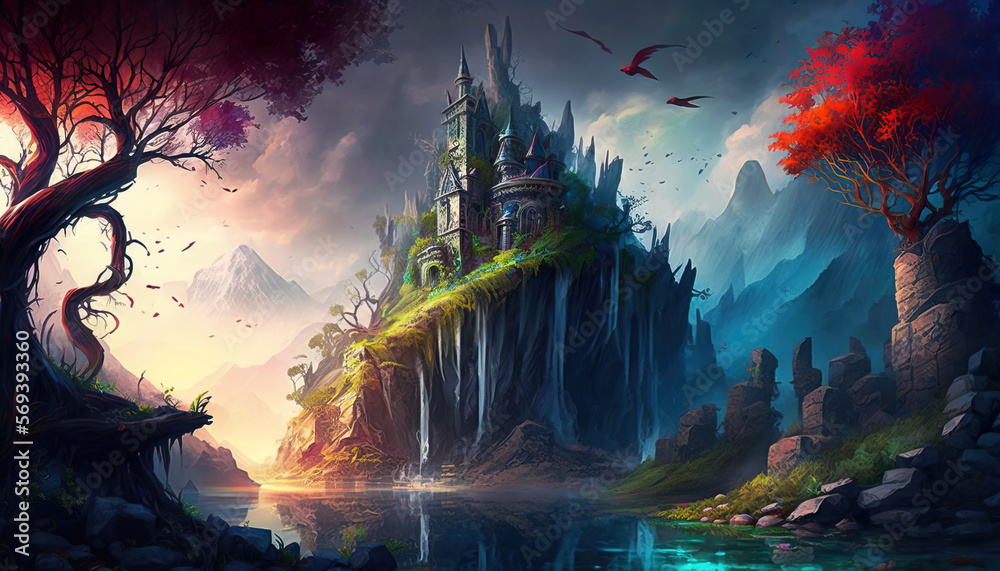 Vibrant Color Fantasy Game World Landscape Created with Generative AI Technology