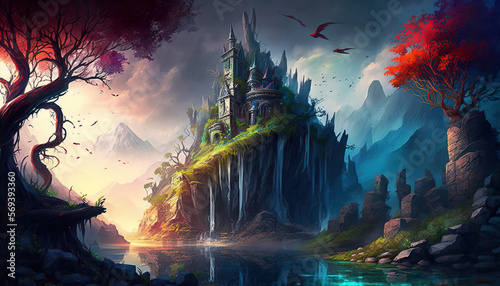 Vibrant Color Fantasy Game World Landscape Created with Generative AI Technology © Khanz Creative