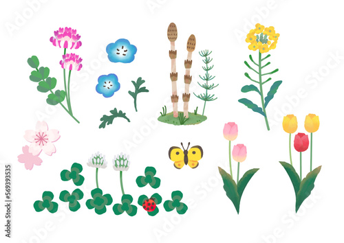 春の草花のオブジェクトセット