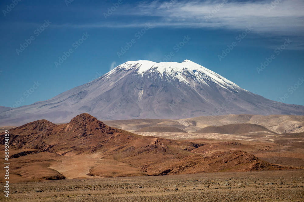 Lascar Volcano and dramatic volcanic landscape at Sunset, Atacama Desert, Chile