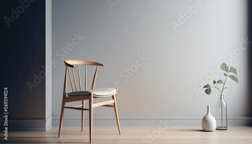 A Minimalist Chair in the Left Corner with Natural Lighting and a Clean Background in a Wide Negative Space Living Room made with Generative AI