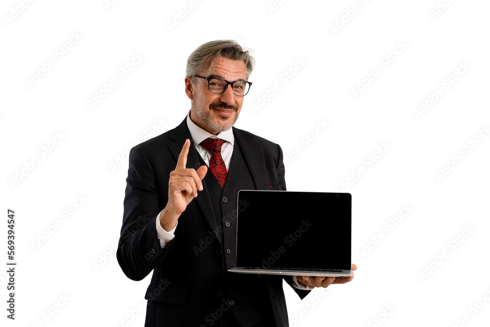 Portrait of Businessman in elegant blue suit wearing eye glasses looking into the camera while holding blank screen laptop. isolated on white background with copy space. Portrait of Businessman in elegant blue suit wearing eye glasses looking into the camera while holding blank screen laptop. isolated on white background with copy space.