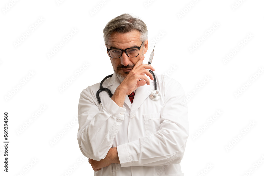 Portrait of senior doctor holding syringe while wearing stethoscope and eye glasses. isolated on white background. Portrait of senior doctor holding syringe while wearing stethoscope and eye glasses. isolated on white background.
