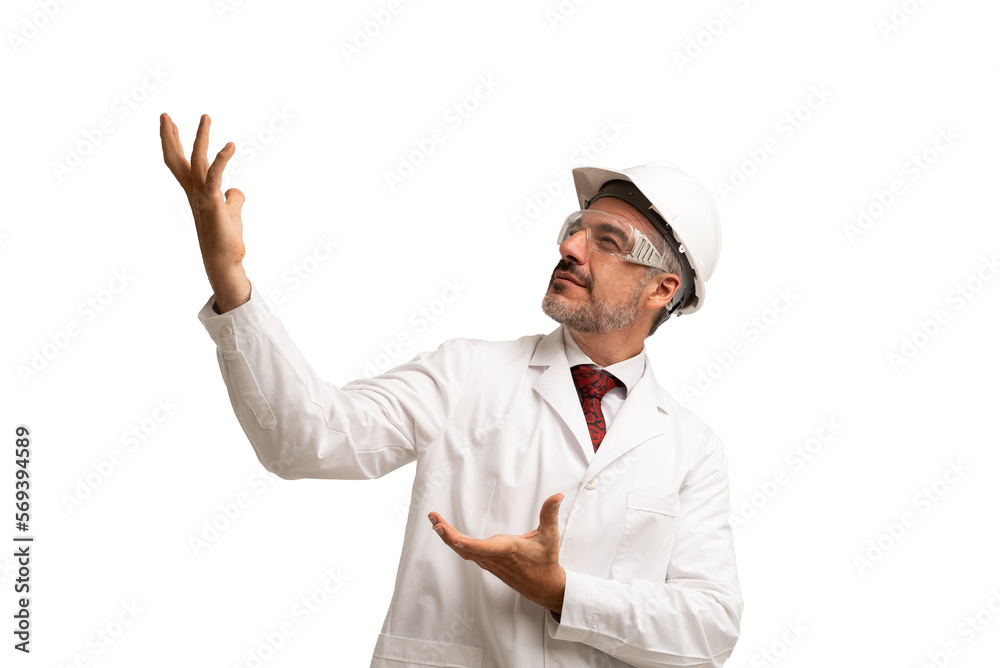 Portrait of a Caucasian engineer / scientist wearing a protective helmet and glasses in a white coat, shows something to you. isolated on white background.