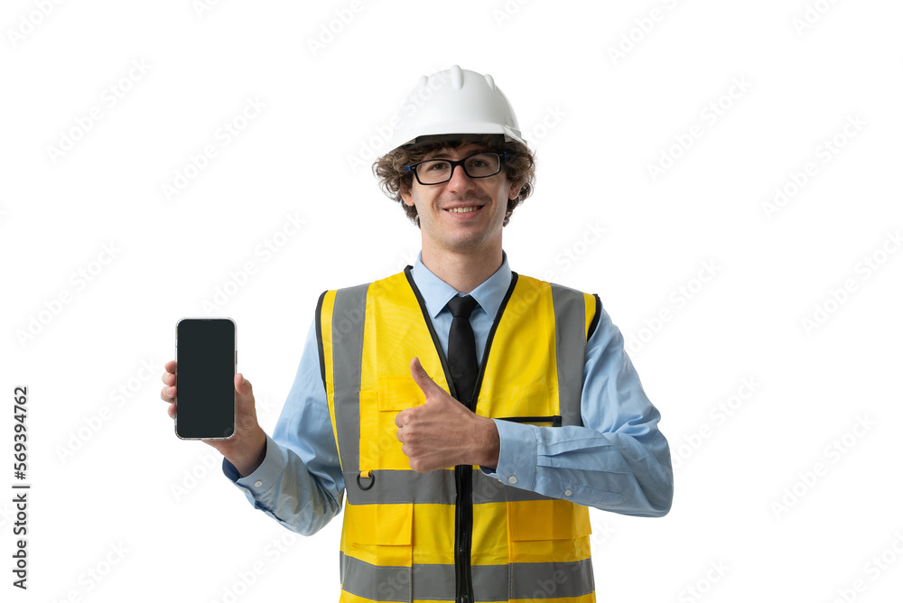 Happy male engineer in a helmet and uniform holding smartphone and showing thumb up gesture. isolated on white background. Happy male engineer in a helmet and uniform holding smartphone and showing thumb up gesture. isolated on white background.