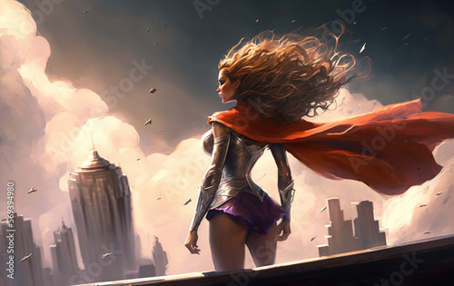A woman in a superhero costume stands on the roof of a building. Generative AI