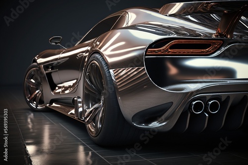 Cool silver or platinum generic sports car in a dark studio illustrated with generative AI