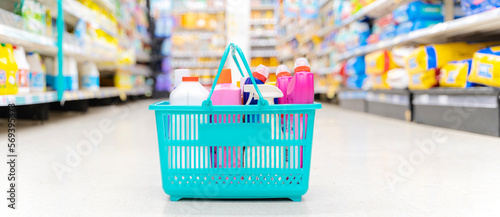 Supermarket Market or grocery store with good quality baskets House cleaning equipment and supplies. Retail purchases in the shopping cart