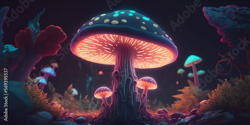 Funky Neon Colored Psychedelic Mushroom AI Generated