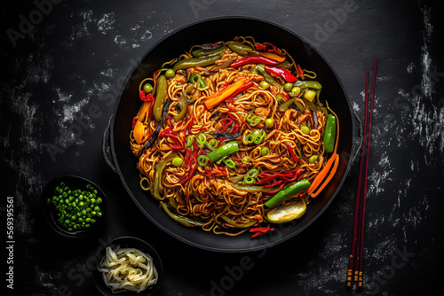 Vegetarian Chow Mein, Vegetarian Hakka Noodles, or Schezwan Noodles in a black bowl against a dark background. Udon noodles, veggies, and chilli sauce in a spicy Indo Chinese meal. the space bar photo