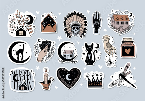 Set of mystical drawings for a witch, boho sticker, line tattoo, tarot symbols in vintage design. Moon with cat, forest house, heart, witch s hand. Vector sketch illustration.