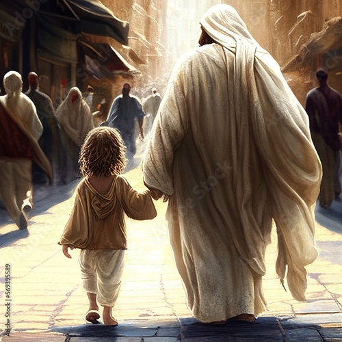 Jesus Christ walking taking care of street child