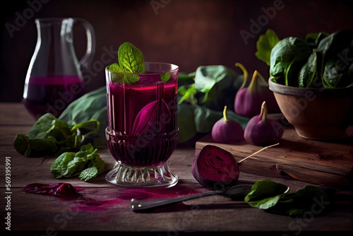 Healthy drink: beet juice on rustic wooden table photo