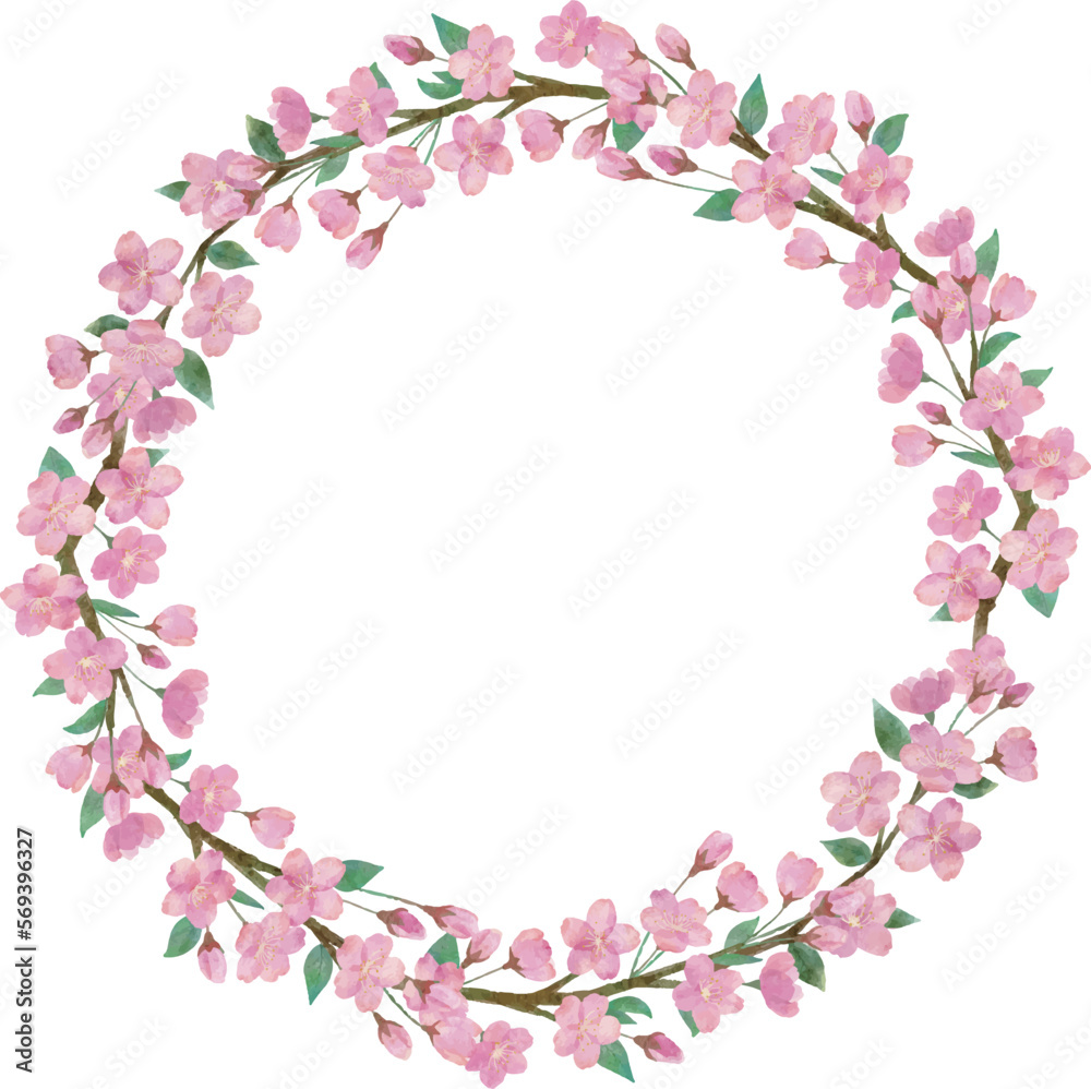  綺麗な桜の花と葉っぱと枝の水彩画イラストの円形のフレーム