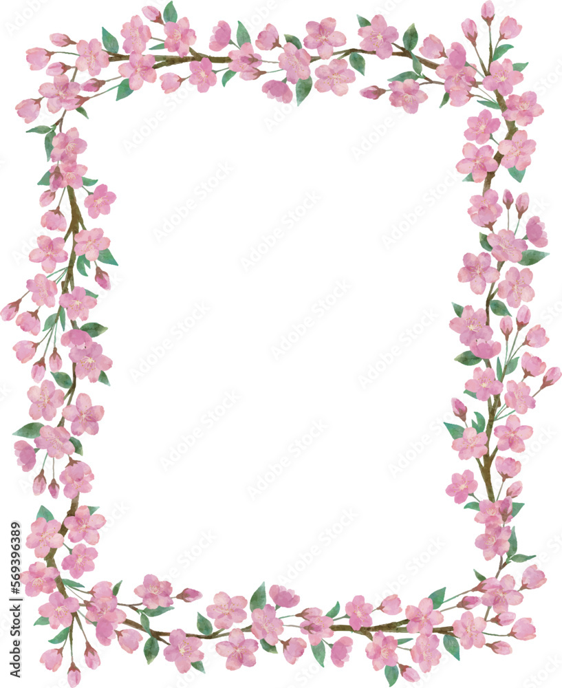  綺麗な桜の花と葉っぱと枝の水彩画イラストの長方形のフレーム