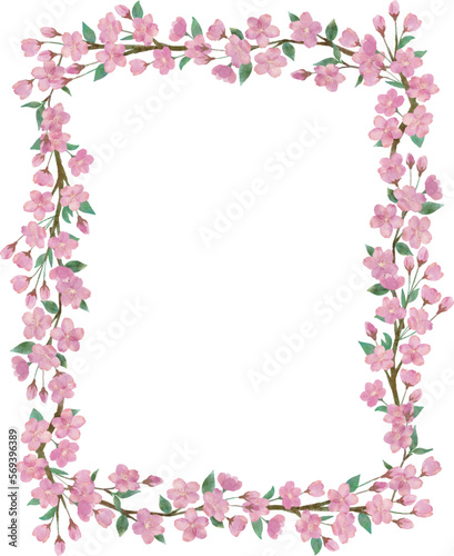  綺麗な桜の花と葉っぱと枝の水彩画イラストの長方形のフレーム © fukufuku
