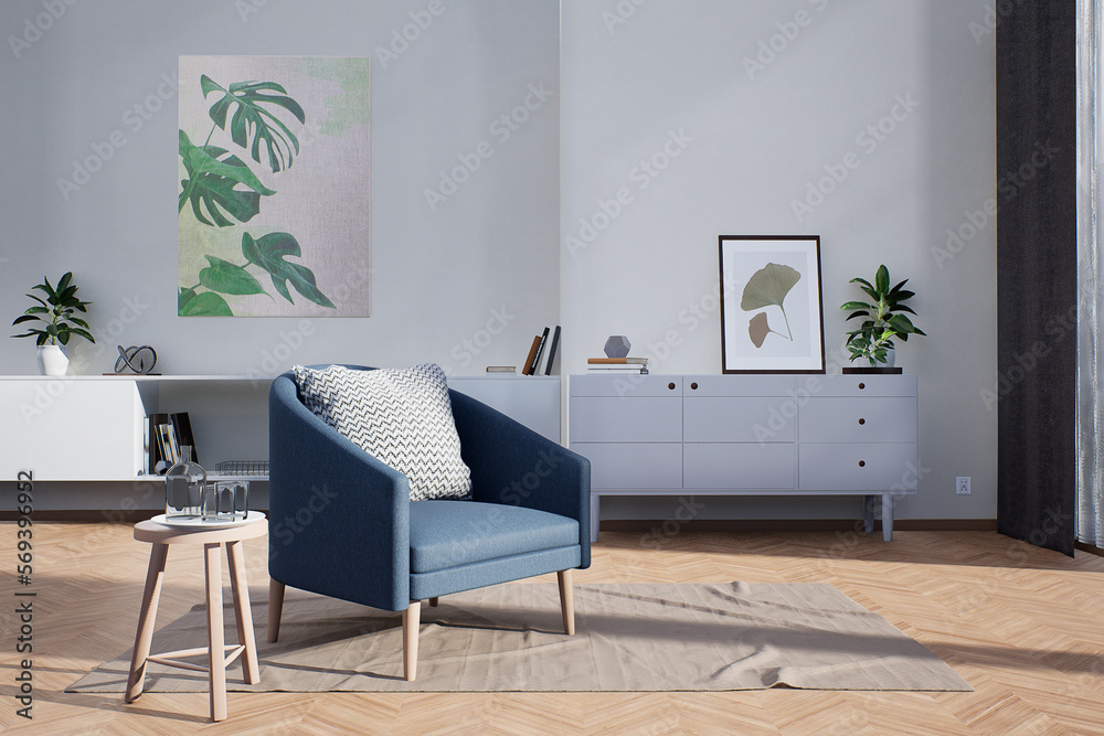 wnętrze salonu wypoczynkowego, nowoczesny prosty styl, dynamiczne światło wpadające z okna, modelowanie 3d, render 3d,
