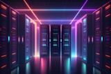Generative AI data center room with mainframe storage servers, cloud network concept, hosting databases and internet, Modern Telecommunications, Artificial Intelligence,server room
